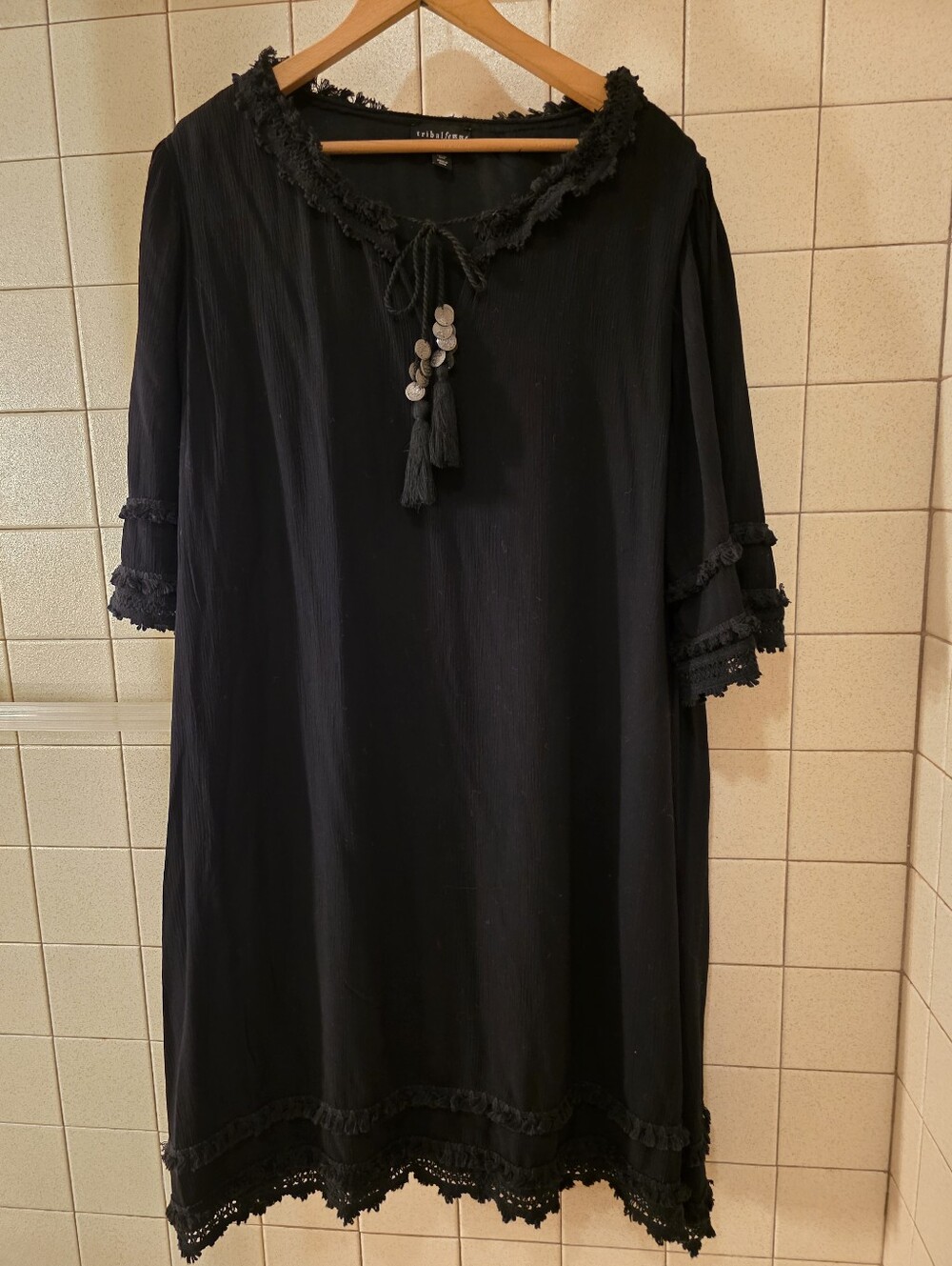 Tribal Black Tunic Dress with Tassel Detail -